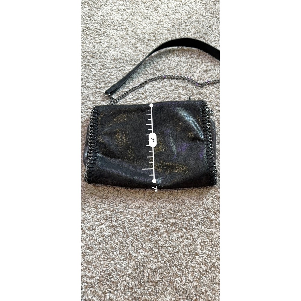 Black Iridescent Shimmer Crossbody Bag Gunmetal Chain Whipstitch Trim Shoulder - Picture 7 of 8